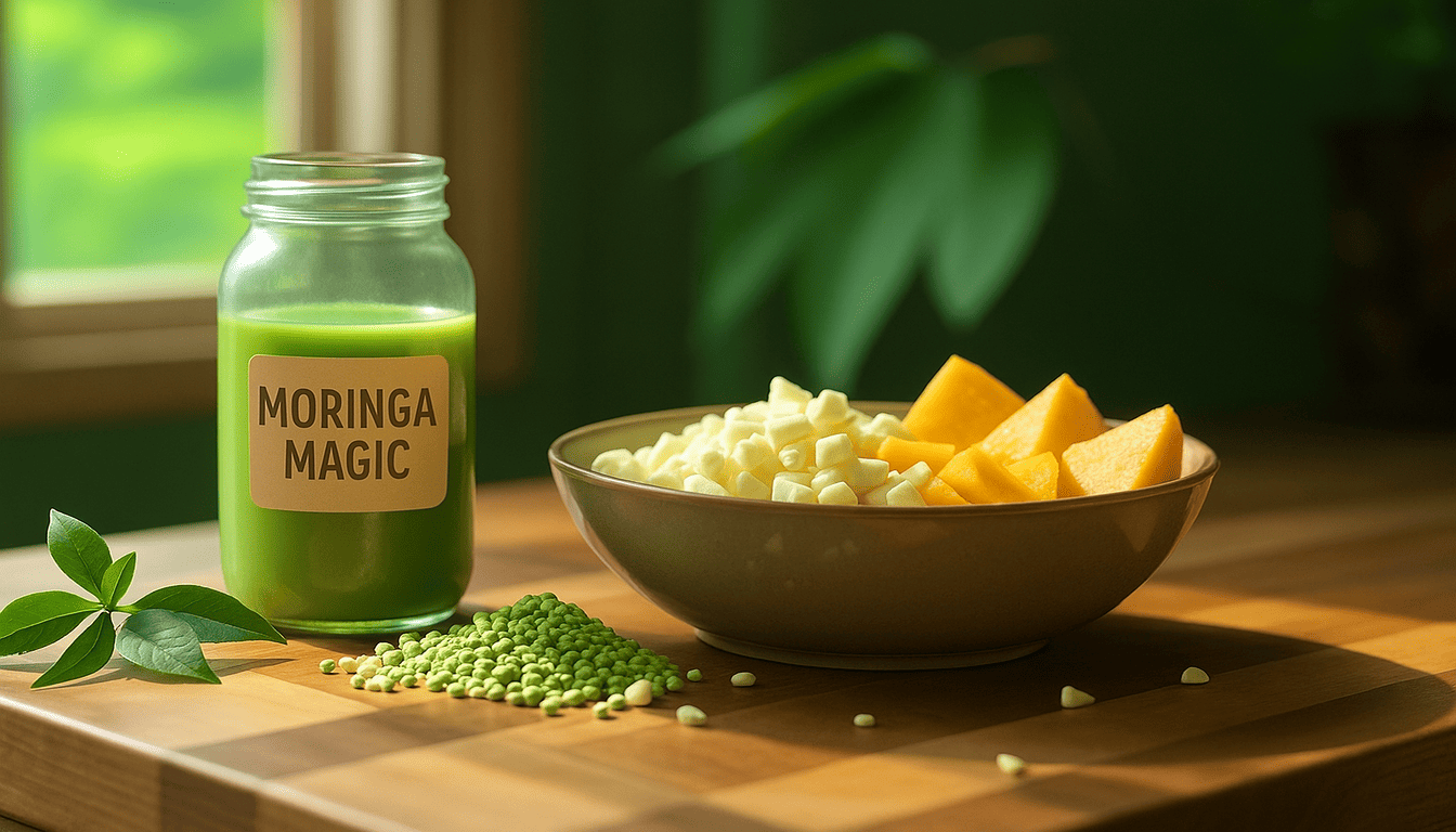 A vibrant scene featuring a green moringa smoothie and a colorful snack bowl, symbolizing the integration of natural supplements into a healthy wellness routine.