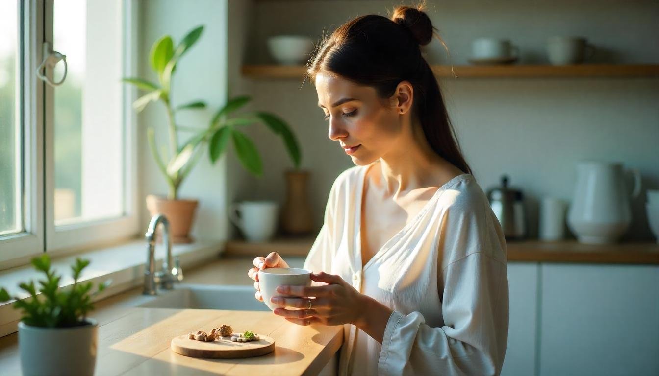 A peaceful morning scene with a woman savoring a cup of adaptogenic tea, symbolizing natural support for managing stress, boosting energy, and promoting overall wellness.