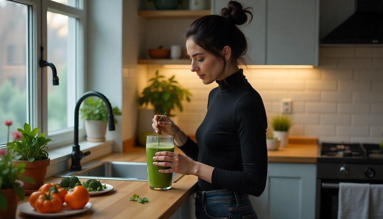 A focused woman preparing a nutritious green smoothie surrounded by fresh vegetables, embodying the concept of sustainable, healthy snack alternatives for lasting fullness.