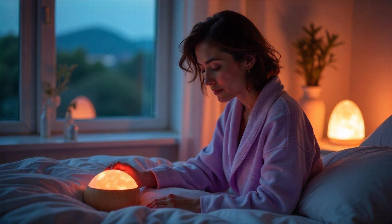 A peaceful scene of a woman winding down in a cozy bedroom illuminated by a Himalayan salt lamp, promoting relaxation and emotional balance.