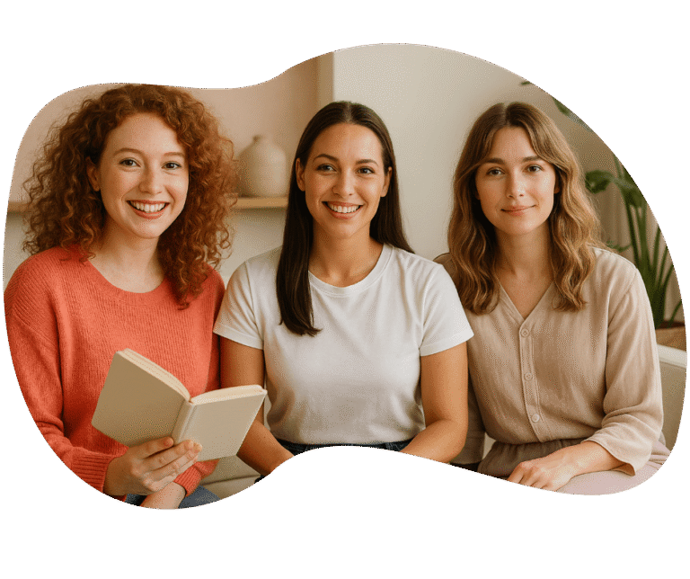 A natural portrait of three women sitting together in a cozy room. One with soft waves in a beige outfit, one with dark straight hair in a white tee, and one with curly red hair in a coral sweater holding an open book. Feminine, warm, and wellness-inspired.