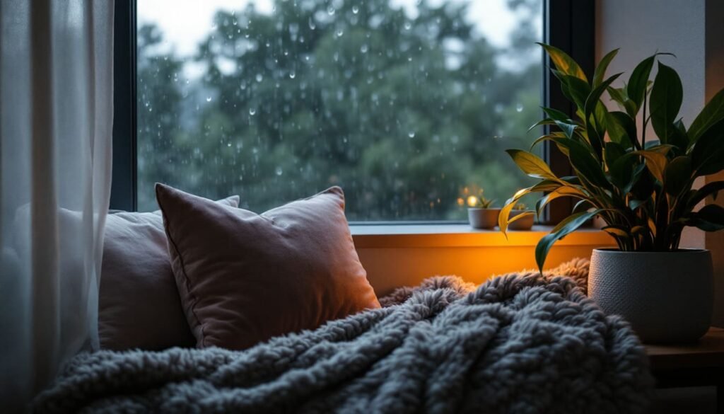 A cozy nook with pillows, a soft blanket, and indoor plants by a rainy window, creating a calm self-care atmosphere.