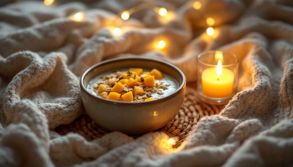 Bowl of Greek yogurt with mango and granola placed on a cozy blanket beside a lit candle — warm and soothing bedtime snack scene.