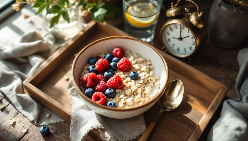 Healthy breakfast bowl with oats and berries on a wooden tray beside a clock — representing intermittent fasting for women.