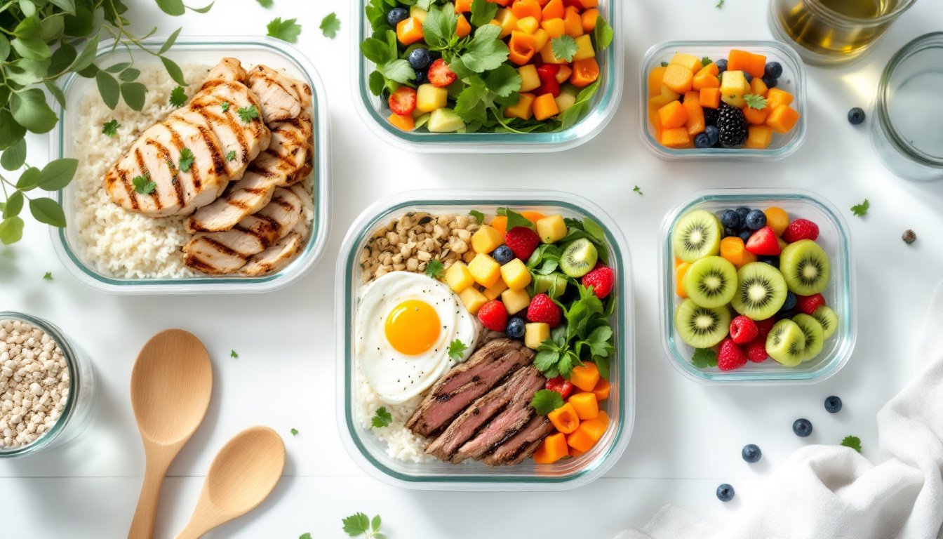 Balanced meal prep ideas with protein, grains, and fruits — perfect for a healthy week ahead.