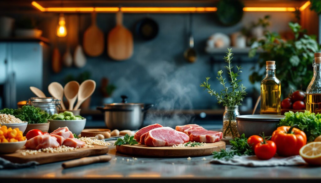 Kitchen counter with raw pork, chicken, grains, fresh vegetables, olive oil, and herbs — ready for healthy meal prep