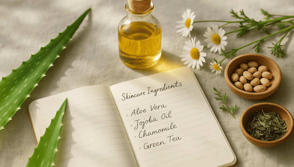 Flat-lay of aloe vera, jojoba seeds, chamomile flowers, and oil dropper bottle next to a notebook with handwritten skincare notes