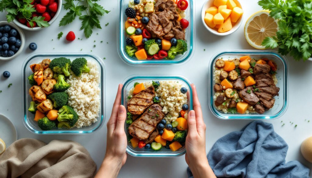 Hands arranging glass containers with grilled meat, rice, fruits, and vegetables for weekly meal prep