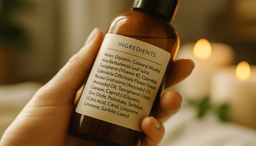 Hand holding a skincare bottle with visible ingredients list, soft light background with natural tones