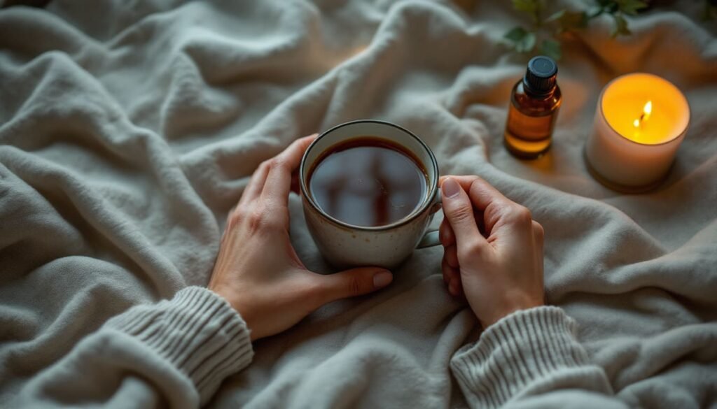 Hands holding a cup of tea on a soft blanket next to a lit candle and essential oil bottle — cozy sensory self-care moment.