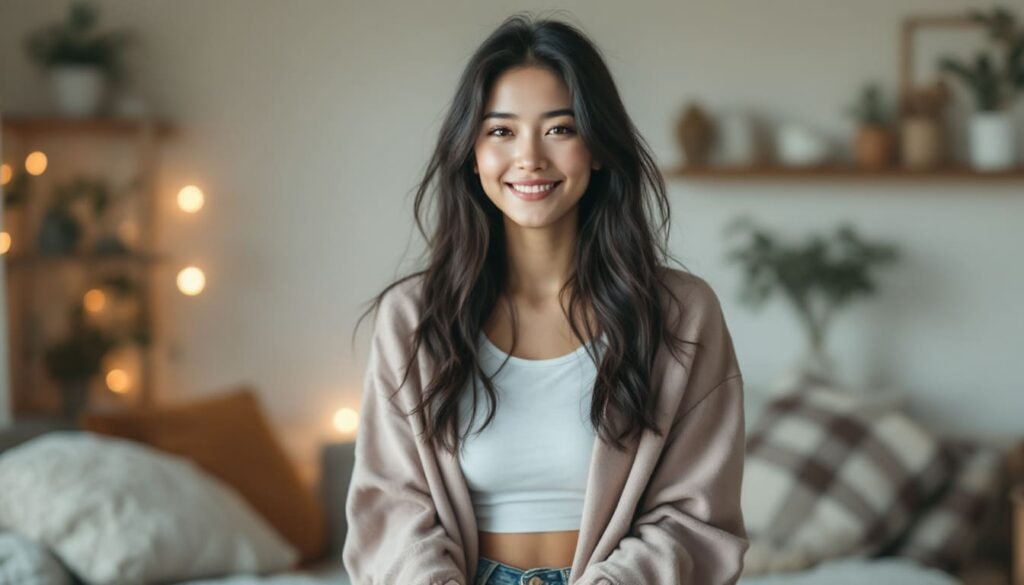 Woman smiling confidently in a cozy home environment, representing balance and well-being through intermittent fasting.